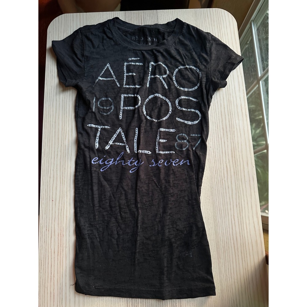 Aeropostale Womens Black Burnout Graphic Tee Silver Glitter Logo Shirt XS P